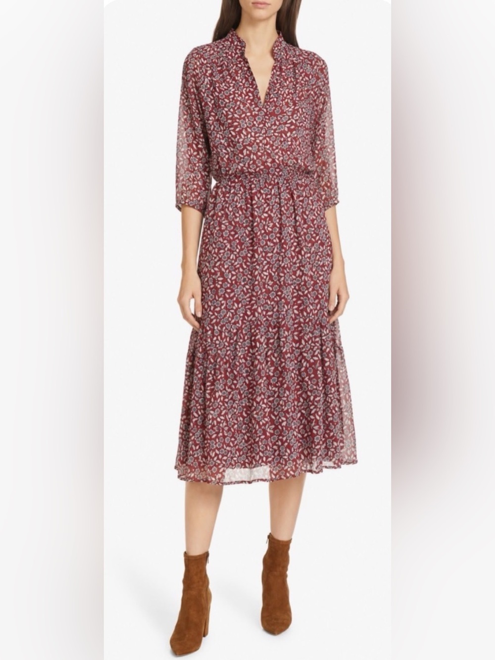 BA&SH Bonnie Burgundy Red Floral Print Chiffon Midi Dress Boho Cottagecore Sz 4